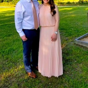 Blush pink long pleated dress w/ gold neck detail